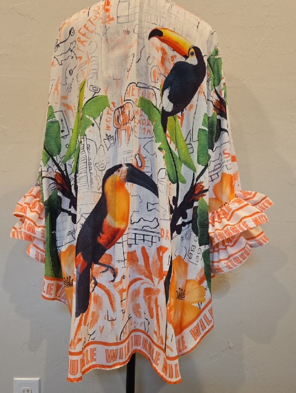 Tropical Jungle Printed Button-Up Hi Low Tucan Birds Tunic/Cover Up - Picture 4 of 8